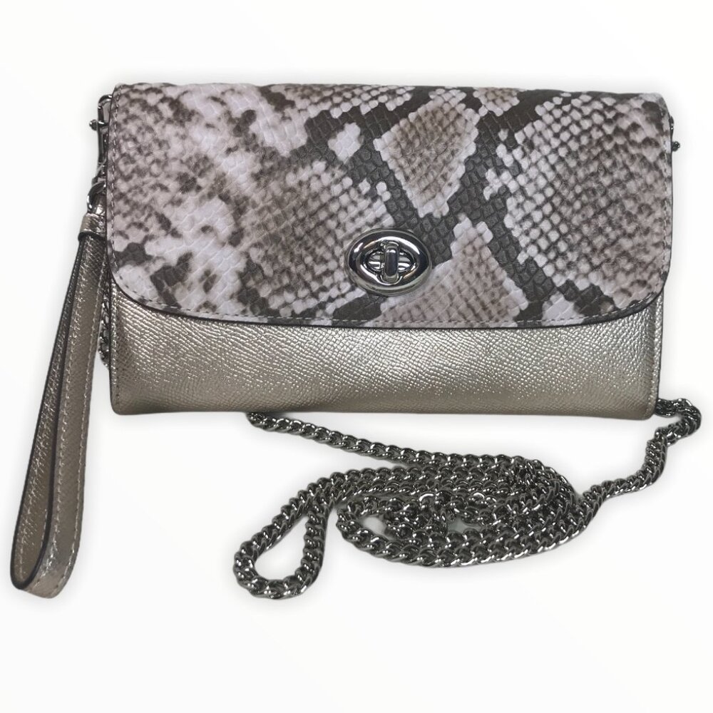 Coach Platinum Metallic Exotic Snakeskin Print Crossbody WOC Wallet on Chain